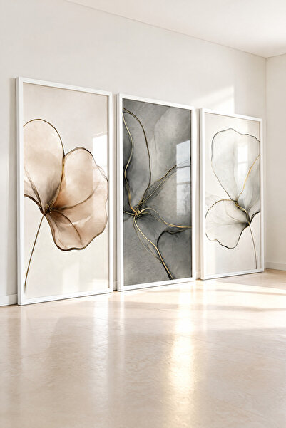 bestablo Set de picturi pe lemn modern minimalist, 3 piese – Design floral ab...