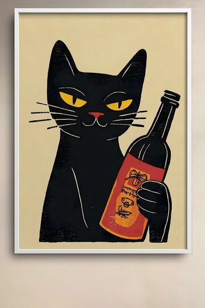 HOMEPACK Black Cat with a Bottle of Red Wine Framed Painting Cat Poster Modern Wall Decor Kedi44
