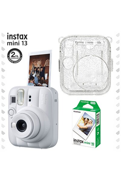 Fujifilm Instax Mini 13 Beyaz Fotoğraf Makinesi Simli Pleksi Kılıf ve 10'lu Film Hediye Seti-FOTSI00246-S3-10
