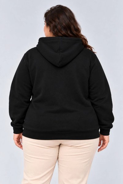 Keops Women's Oversized Three-Thread Ribbed Hooded Kangaroo Pocket Winter Sweatshirt - Black
