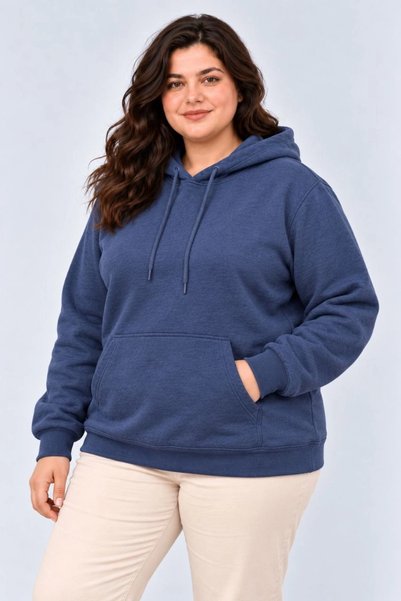 Keops Women's Oversized Three-Thread Ribbed Hooded Kangaroo Pocket Winter Sweatshirt - Navy Blue