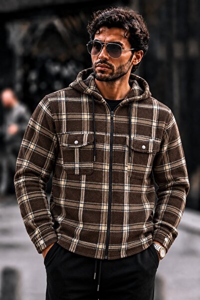DAMGA JEANS Cămașă maro pentru bărbați, cu glugă și fermoar, stil lumberjack