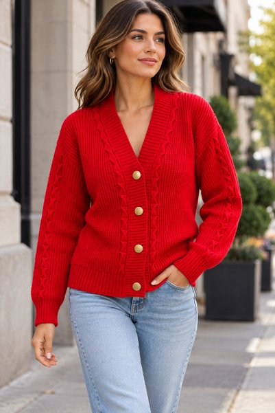 Devinka Women's Red Buttoned Knitwear Cardigan