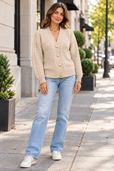 Devinka Women's Beige Buttoned Knitwear Cardigan