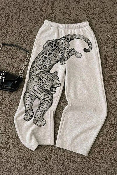BALİNA Gri Melanj Leopar Wide Leg Unisex Harajuku Y2K Eşofman