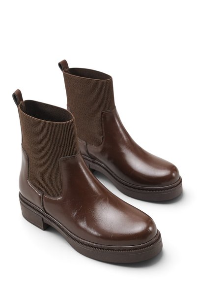 Bak Store Brown Patent Leather Women's Boots with Elastic Chelsea Stitched Sole