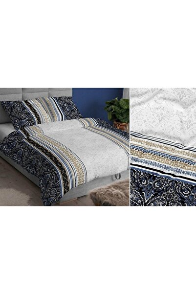Karo Lenjerie de pat satin 140x200 albastru marin gri ornamente fermoar 3907