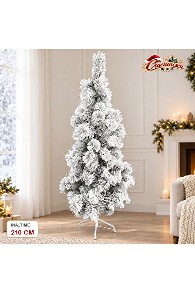 Craciunescu By DBR Brad Artificial de Craciun 210 cm, Alb, cu Aspect Inzapezit -