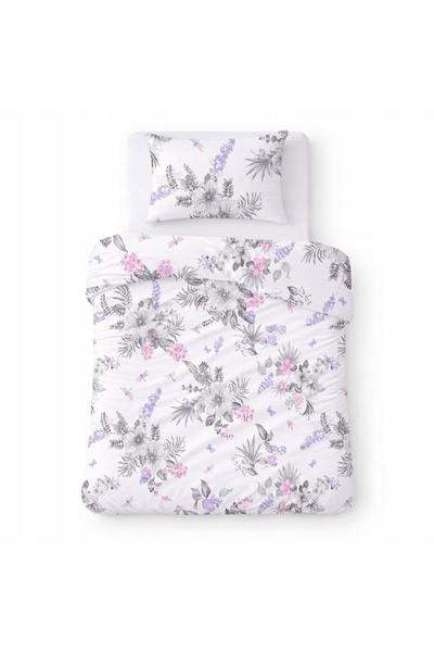 Karo Lenjerie de pat din bumbac 140x200 albă cu flori gri-violet, design elegant