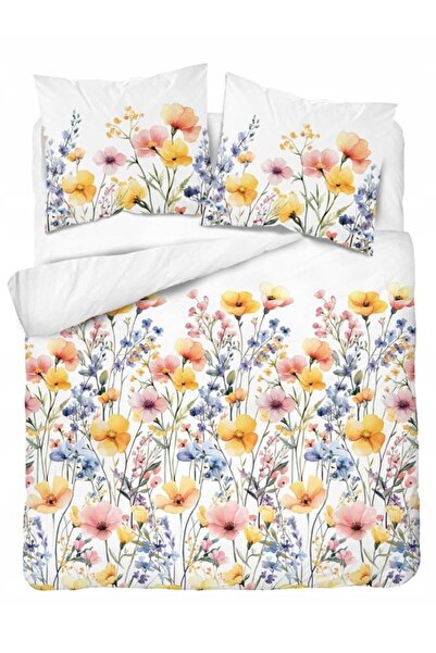 Detexpol Lenjerie de pat din satin alb 220x200 cu flori multicolore în stil a...