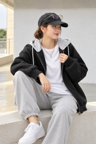 FAVORİST Cardigan supradimensionat cu glugă, de culoare dublă, fără imprimeu,...