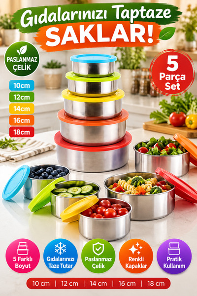 OpenCity 5-Piece Stainless Steel Storage Container Set with Colorful Lids Rou...