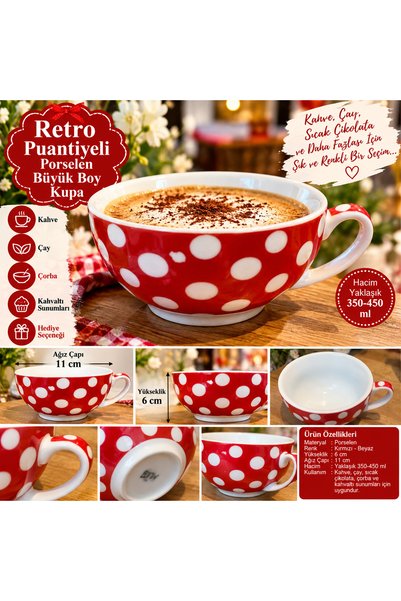 Atak Hediyelik Retro Kırmızı Beyaz Puantiyeli Porselen Büyük Boy Kupa – Geniş...