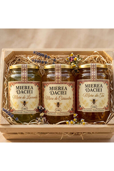 MIEREA DACIEI Cutie „Aroma Câmpului” — Lavandă, Coriandru, Tei (3×1 kg)
