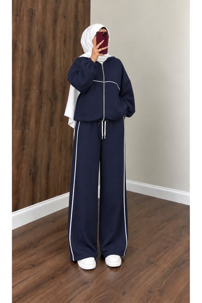 moda paketi Women's Hooded Zippered Oversize Sweatshirt and Wide-Legged Modal...