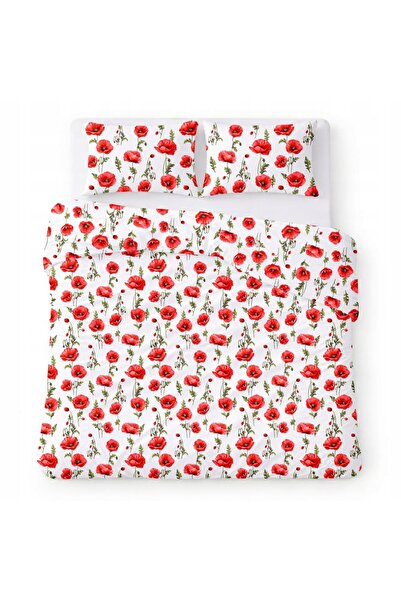 Karo Lenjerie de pat din bumbac 160x200 alb cu maci roșii model clasic