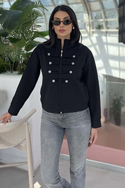 KECHİ WOMAN Scuba Fabric China Jacket με φερμουάρ και κουμπιά, Μαύρο
