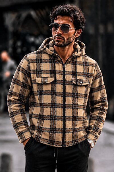 DAMGA JEANS Cămașă pentru bărbați, cu glugă și fermoar, model Lumberjack Camel