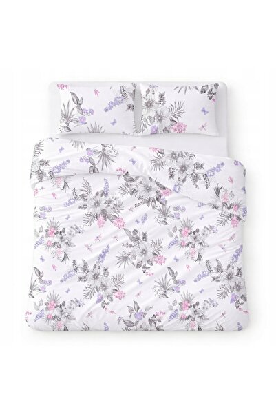 Karo Lenjerie de pat din bumbac 200x220 albă cu flori gri-violet, design elegant