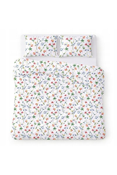 Karo Lenjerie de pat din bumbac 160x200 albă cu flori colorate în stil acuare...