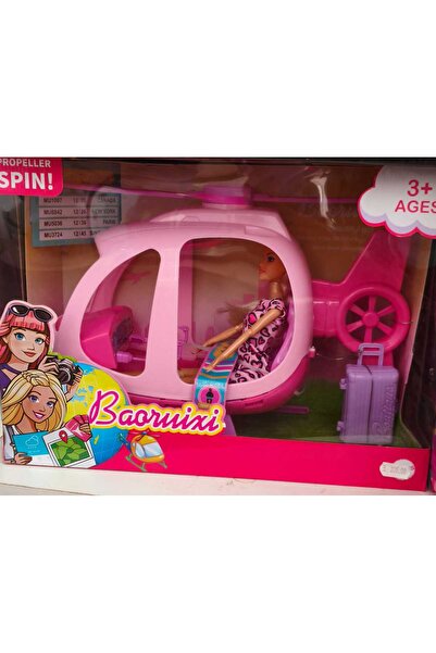 Generic Brand Set de Joacă Elicopter Roz cu Păpușă și Accesorii de călătorie