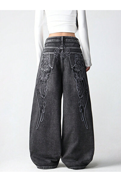 BALİNA Siyah Angel Wings Y2K Pembe Baggy Jean