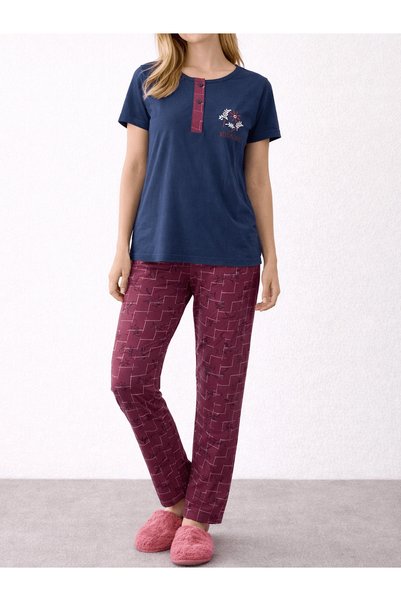 Hepsi Moda Floral Bouquet Embroidered Short Sleeve Pajama Set - 9010 - Navy B...