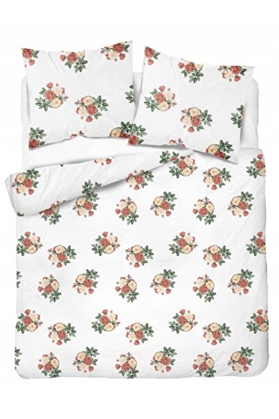 Detexpol Lenjerie de pat din satin alb 220x200 cu mici buchete de trandafiri ...