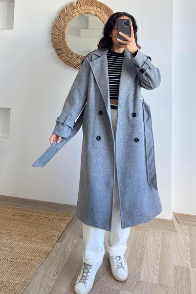 butikhola Gray Belted Premium Coat