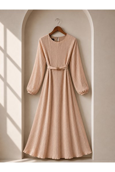 Hepsi Moda Glittery Crinkled Pleated Dress - Cream