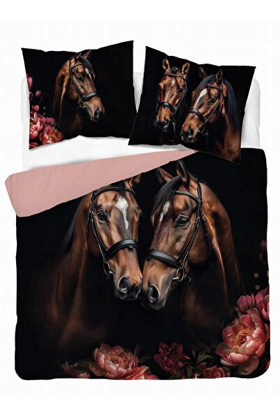 Detexpol Lenjerie de pat bumbac 220x200 negru maro roz cai flori 5295 A