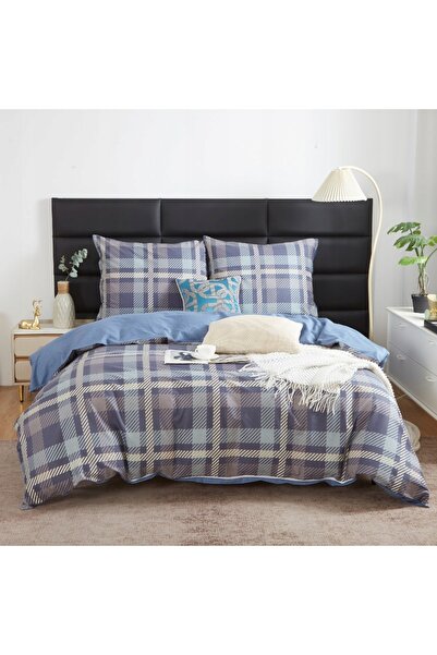 Spod Igły i Nitki Lenjerie de pat din satin 220x200 albastru în carouri S039 I14