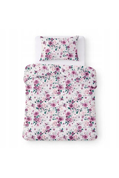 Karo Lenjerie de pat din bumbac 140x200 albă cu flori roz, design romantic