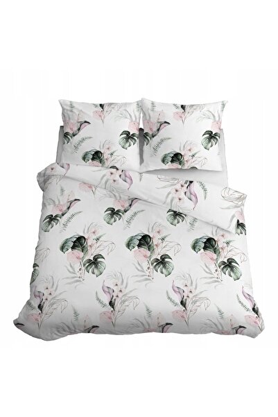 Detexpol Lenjerie de pat satin 140x200 4452 B alb verde frunze de pudră monstera