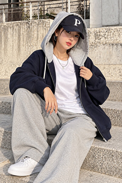 FAVORİST Cardigan supradimensionat cu glugă, de culoare dublă, fără imprimeu,...