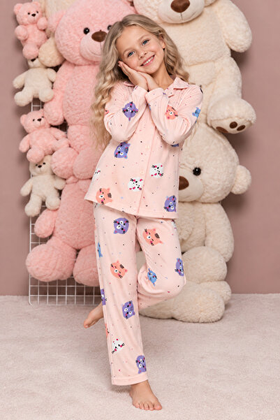 ELİTOL Kedi Desen Somon Süet Örme Uzun Kol Anne-Kız Düğmeli Pijama Takımı