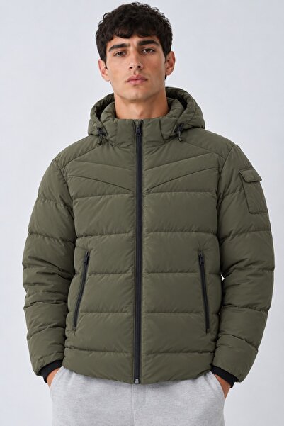 DAMGA JEANS Geacă de iarnă casual pentru bărbați, cu glugă, kaki, tip puffer