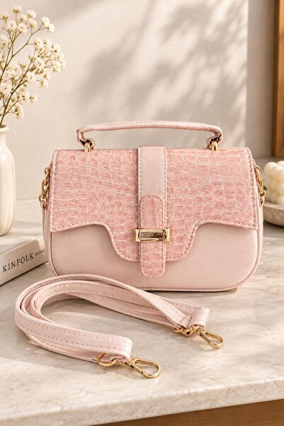 mantis Women's Powder Pink Shoulder Bag – Stylish Crocodile Patterned Hand an...