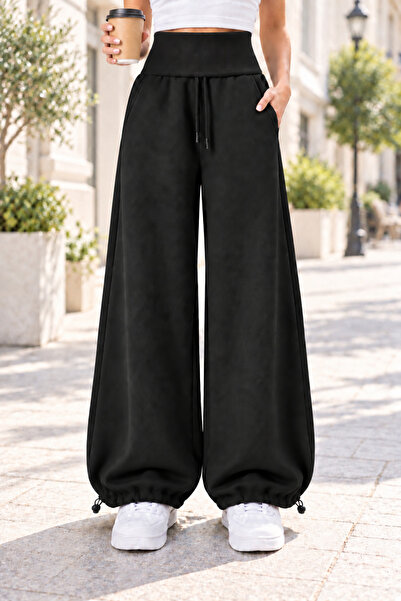 Moda Neval Black 3-Thread Ruffled Waist Folded Wide Leg Oversize Sweatpants
