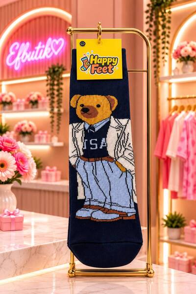 EFBUTİK Jacketed Bear Patterned Navy Blue Long Socks