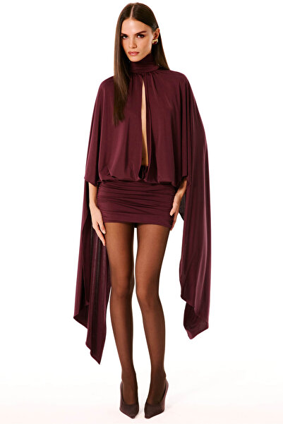 Love On Friday NOEMI Pelerin Detaylı Mini Elbise (Bordo)