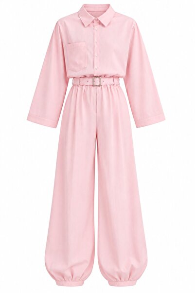 Laluvia Set cămașă modal roz cu nasturi și pantaloni shalwar cu curea - 2y8396