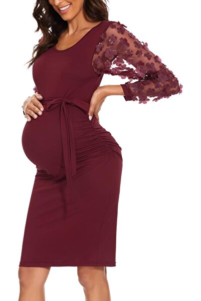 GENERAL Floral Mesh Bishop Long Sleeve Maternity Midi Dress, Fall Maternity B...