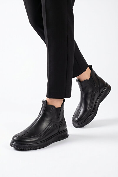 AYAKMOD Μαύρες ανδρικές μπότες από γνήσιο δέρμα με ελαστική σόλα από καουτσού...