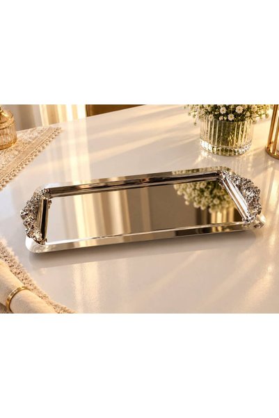 RoyalDecorHome PASLANMAZ ÇELİK GÜMÜŞ KULPLU SERVİS SUNUM TEPSİSİ