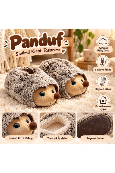Kirpi Figürlü Peluş Panduf, Vizon, Yumuşak İç Astarlı ve Kaymaz Tabanlı