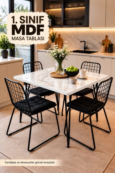 Evimzo Siyah Metal Ayaklı 60x90 Cm (TEK MASA) Beyaz Mermer Desenli MDF Mutfak...