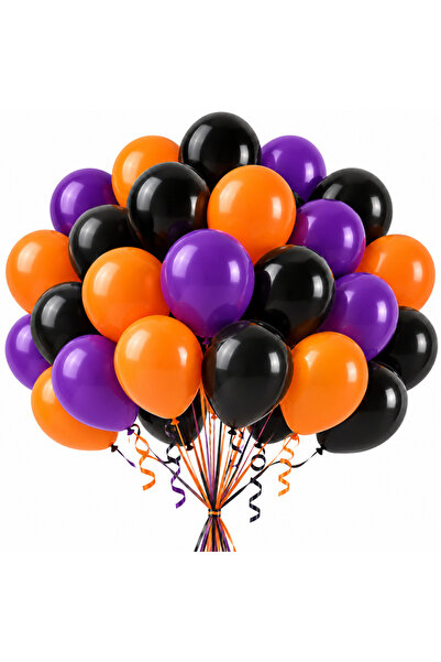 Ropet Set 50 Baloane Latex Halloween, Mov, Portocaliu si Negru, 30 cm,
