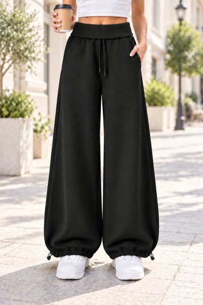 Moda Neval Black 3-Thread Ruffled Waist Folded Wide Leg Oversize Sweatpants