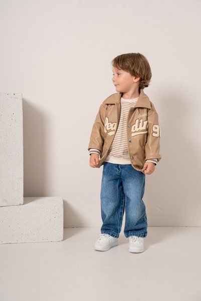 JNF kids Baby Boy & Child Striped Sweat Leather Jacket and Jeans 3-Piece Set